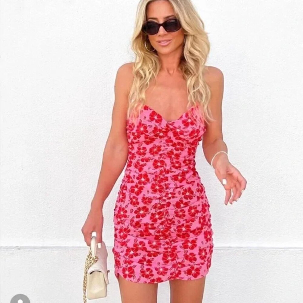 Zara Twisted Bodice Mini Dress Spaghetti Strap Pink Red Floral Size Small